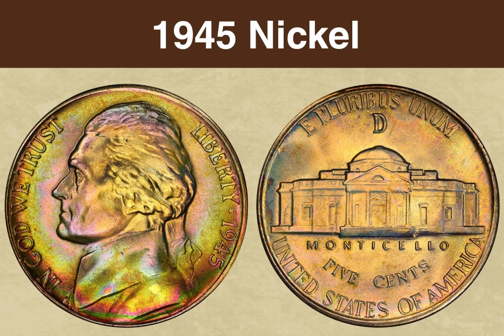1945 Jefferson nickel obverse and reverse showing the large P mint mark above Monticello