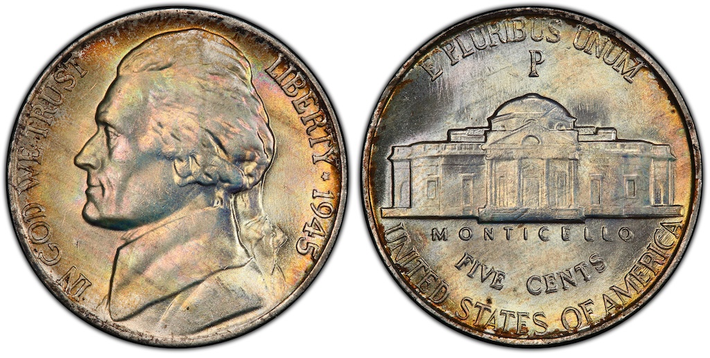 Side-by-side comparison of normal 1945-P nickel reverse versus the Doubled Die Reverse FS-801 variety showing doubling on MONTICELLO and FIVE CENTS