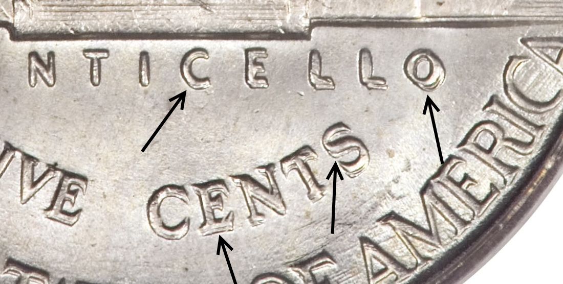 1945-P Doubled Die Reverse FS-801 nickel showing doubled lettering on MONTICELLO and FIVE CENTS