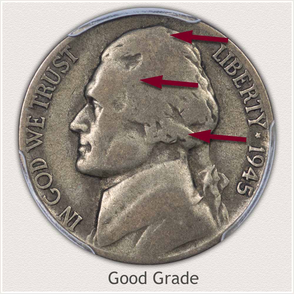 1945-S Jefferson nickel reverse showing Full Steps designation with five unbroken step lines at the base of Monticello