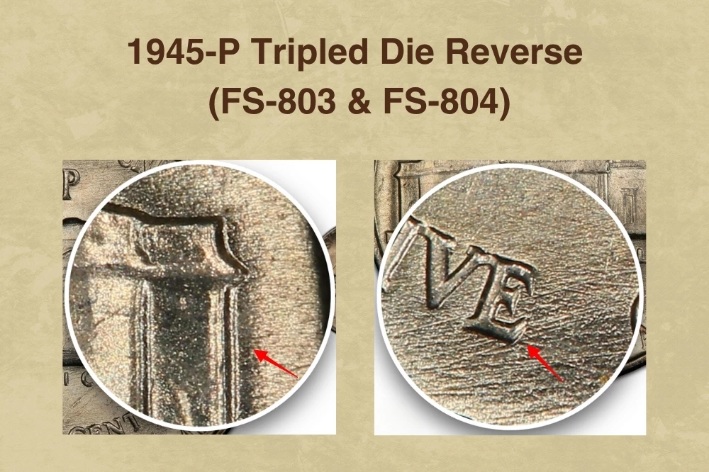 1945-P Tripled Die Reverse nickel showing three distinct impressions of the lettering on MONTICELLO