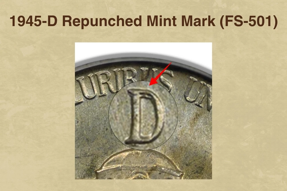 1945-D nickel Repunched Mint Mark FS-501 showing secondary D impression beside the primary mint mark above Monticello