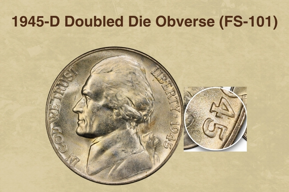 1945-D Doubled Die Obverse nickel showing doubled inscriptions on LIBERTY and IN GOD WE TRUST on the obverse