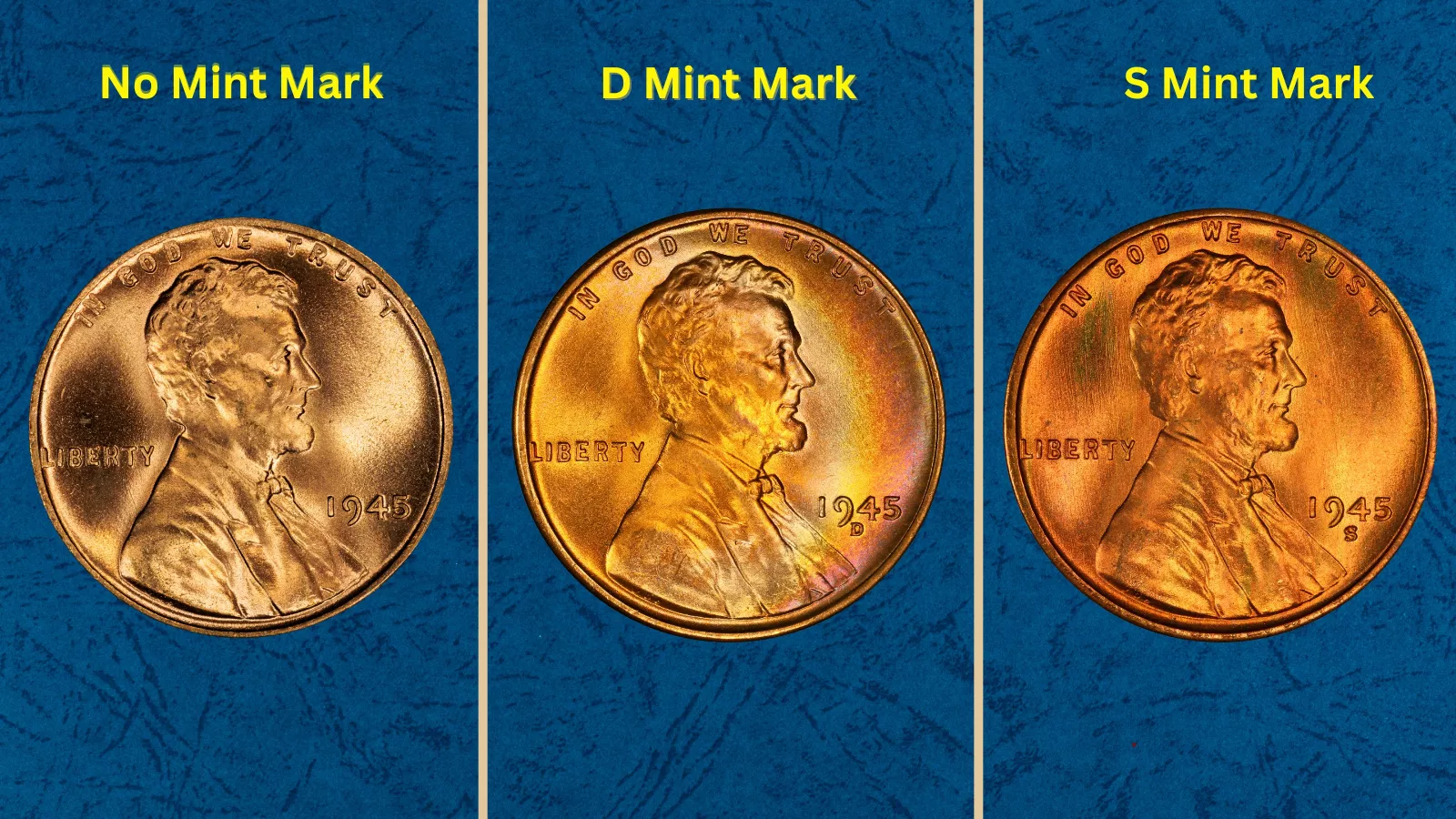 1945 Jefferson nickel grading strip showing coins in four condition tiers: Good (worn), Fine (circulated), About Uncirculated, and Gem Mint State